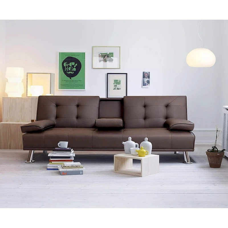 Furniwell Modern Faux Leather Futon with Cup Holders & Pillows, 65