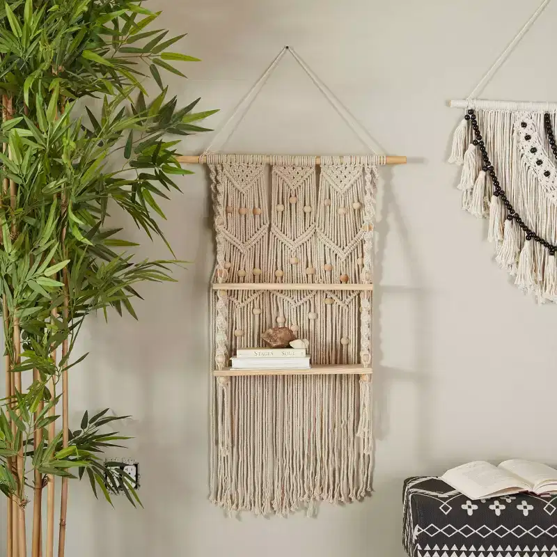 Handmade Macrame Wall Shelf, 2 Mango Wood Shelves, Cotton String, Boho Style, 25
