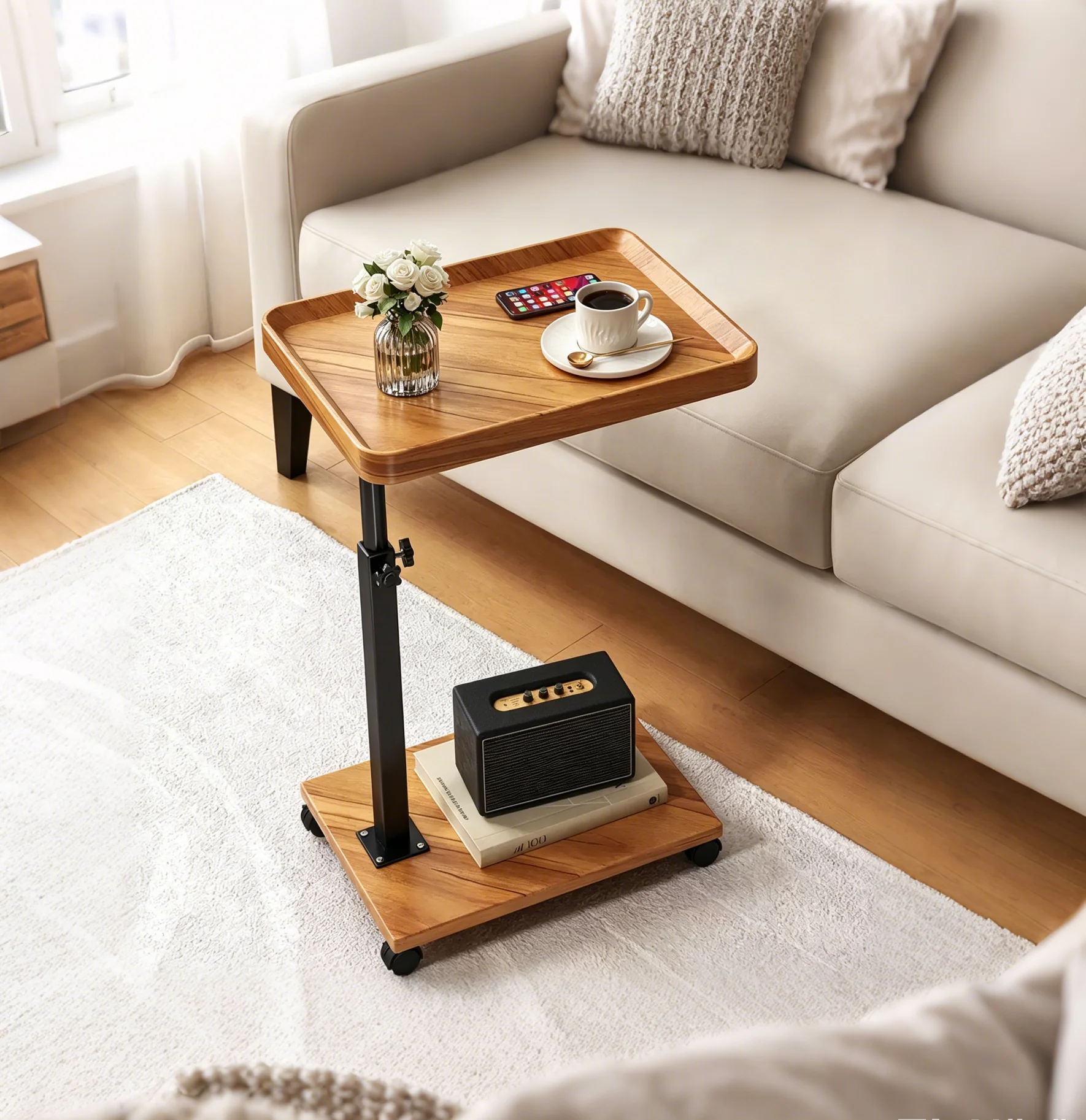 C-Shaped Side Table, Small Couch End Table with Adjustable Height and Swivel Top, TV Tray Desk with Wheels for Living Room, Bedroom