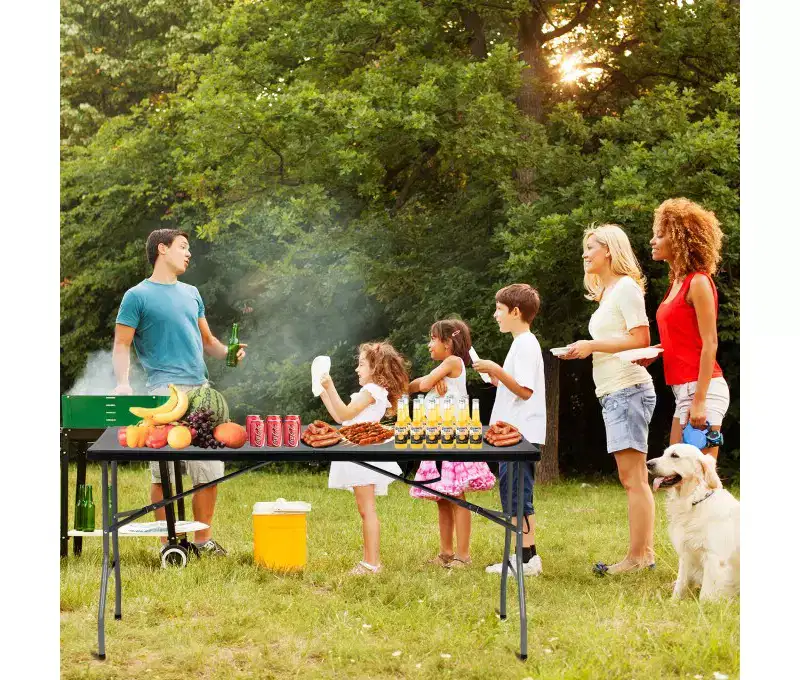 5 Foot Portable Folding Table HDPE Plastic Indoor Outdoor Fold-in-Half Black Seats 6 with Carry Handle