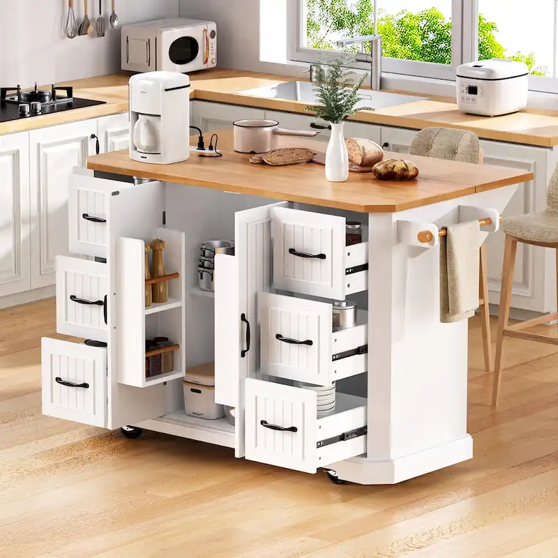 56 Inch Kitchen Island With Rubber Wood Veneer Drop Leaf(no include stool)