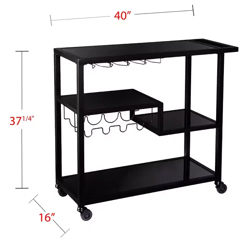 Black Iron & Smoked Mirror Bar Cart with Wine Rack & Glassware Holders