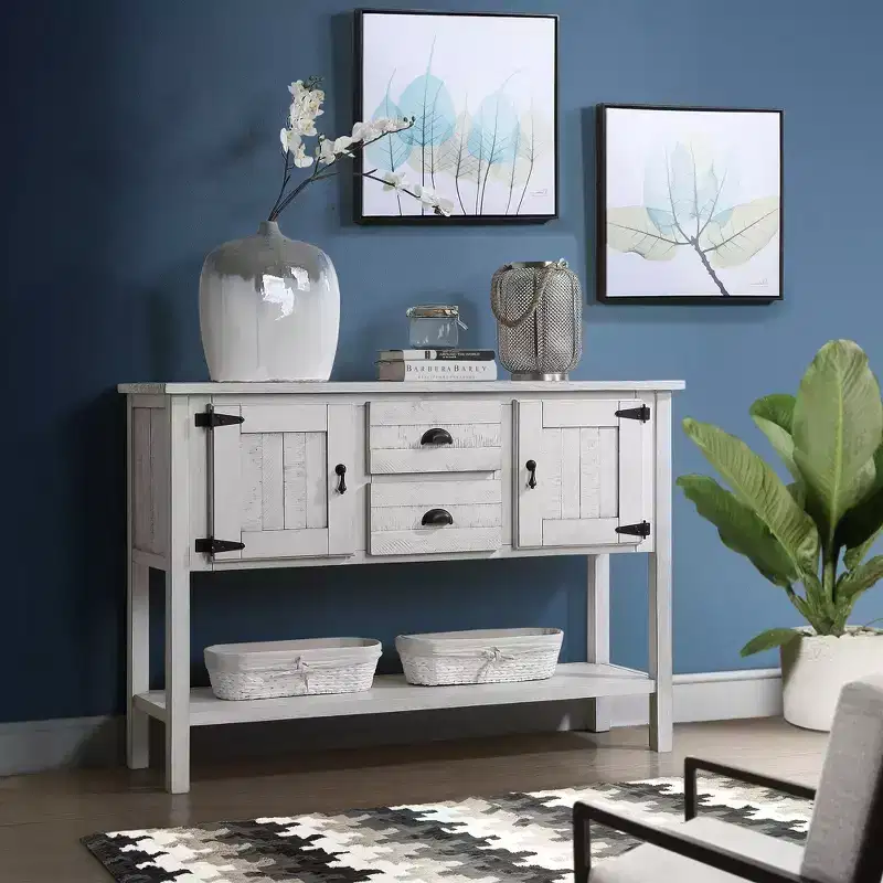 48'' Solid Wood Console Table with 2 Drawers and Cabinets for Living and Dining Room, Antique White