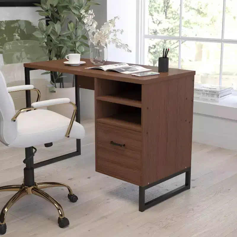 Merrick Lane Rustic Computer Desk with Shelving and Storage Drawer Metal Frame Pedestal Base Home Office Desk