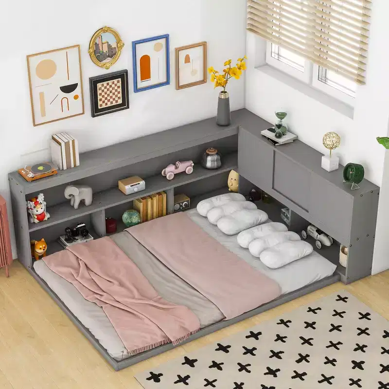 Bellemave Full Size L Shaped Bed with Bookcase, Wood Daybed with Storage Bookcase Headboard, Full Size daybed Frame for Adults, Kids, Teens, Grey