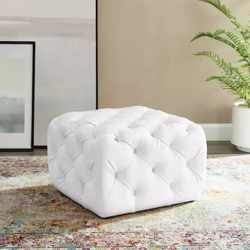 Amour Tufted Button Square Faux Leather Ottoman White - Modway: Luxurious Vegan Leather, No Assembly Required