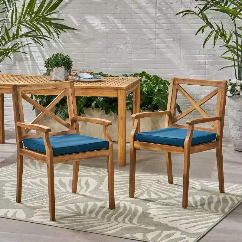MAYEERTY Set of 2 Outdoor Dining Chairs With 2 Blue Cushions for Backyard Poolside Garden