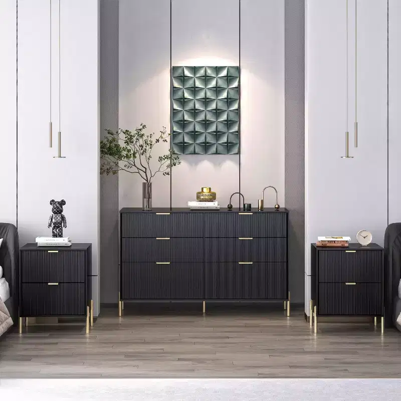 Festivo 3pc Modern Elegance 2 Drawer Nightstands and 6 Drawer Dresser Set Black