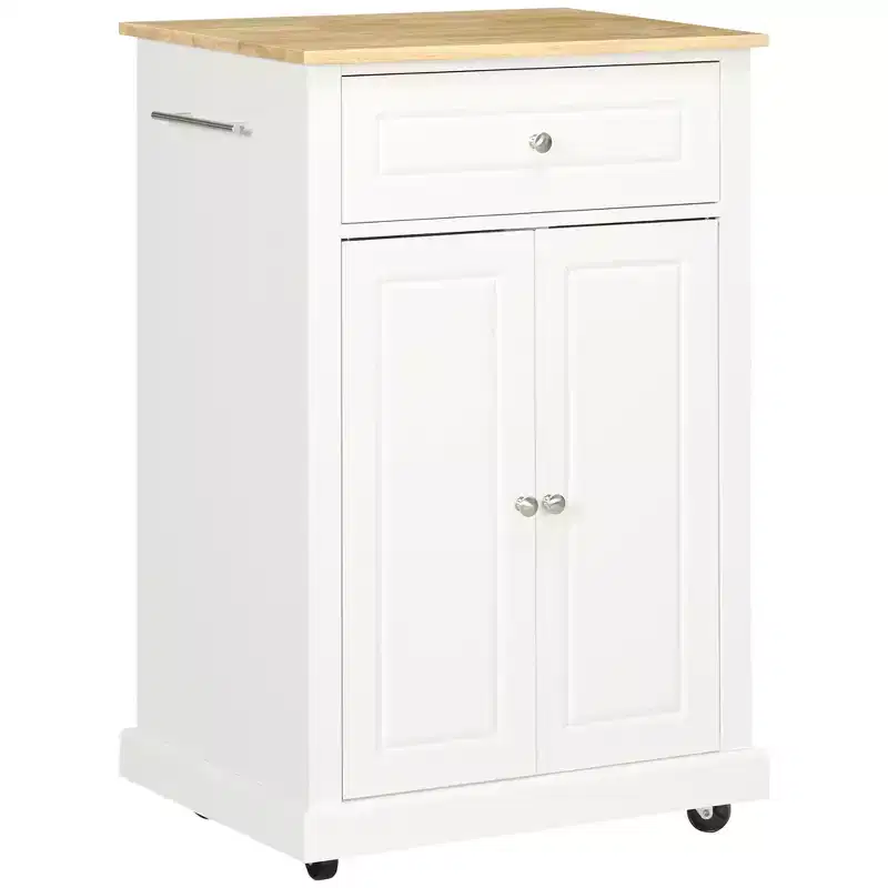 FAMYYT White Natural Wood Top 18 in. Kitchen Island with 1-Storage Cabinets, 1-Drawers, and 4-Lockable Wheels