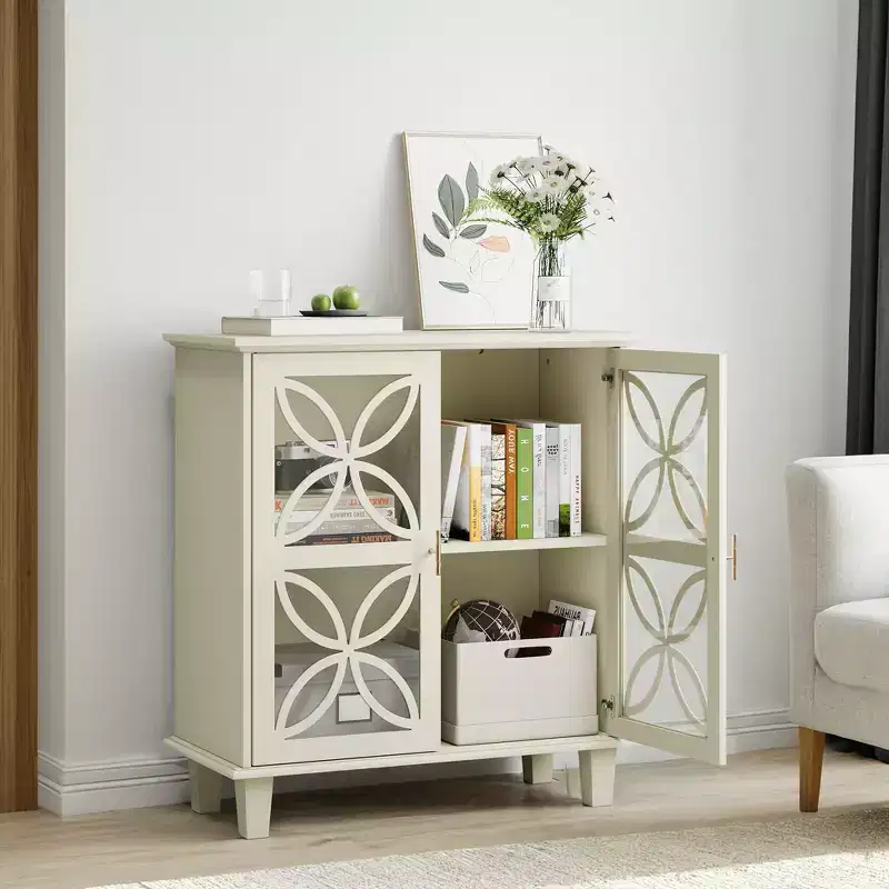 Freestanding Sideboard Buffet With Adjustable Shelves, Modern Retro Kitchen Console Table, 2-Door Decorative Storage Cabinet, Cream Color