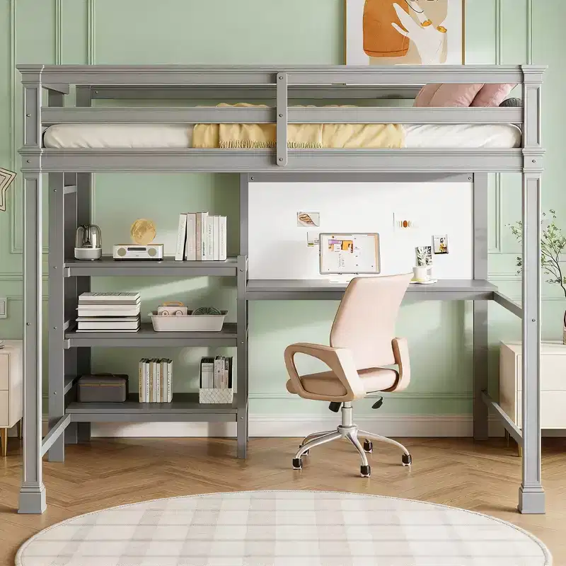 Luxystar Modern Loft Bed with Bookcase, Desk and Writing Board