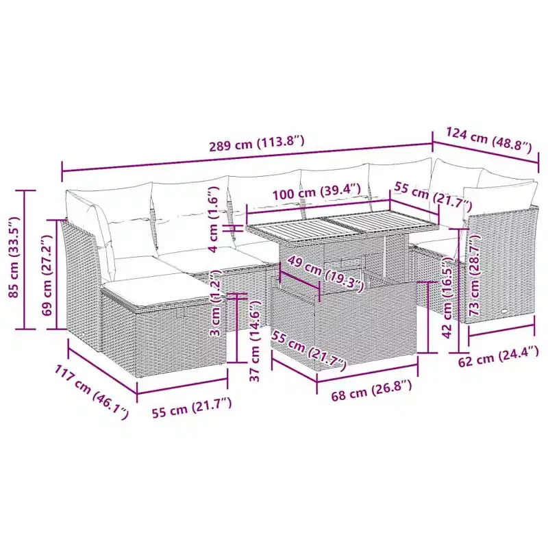 vidaXL Garden Sofa Set Black PE Rattan Large Adjustable Feet