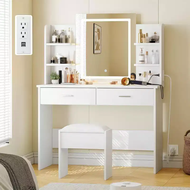 Acekool Vanity Desk with Lighted Mirror, Stool, Power Outlet, 6 Shelves, 2 Large Drawers, 3-Color Adjustable LED, Makeup Vanity for Bedroom, White