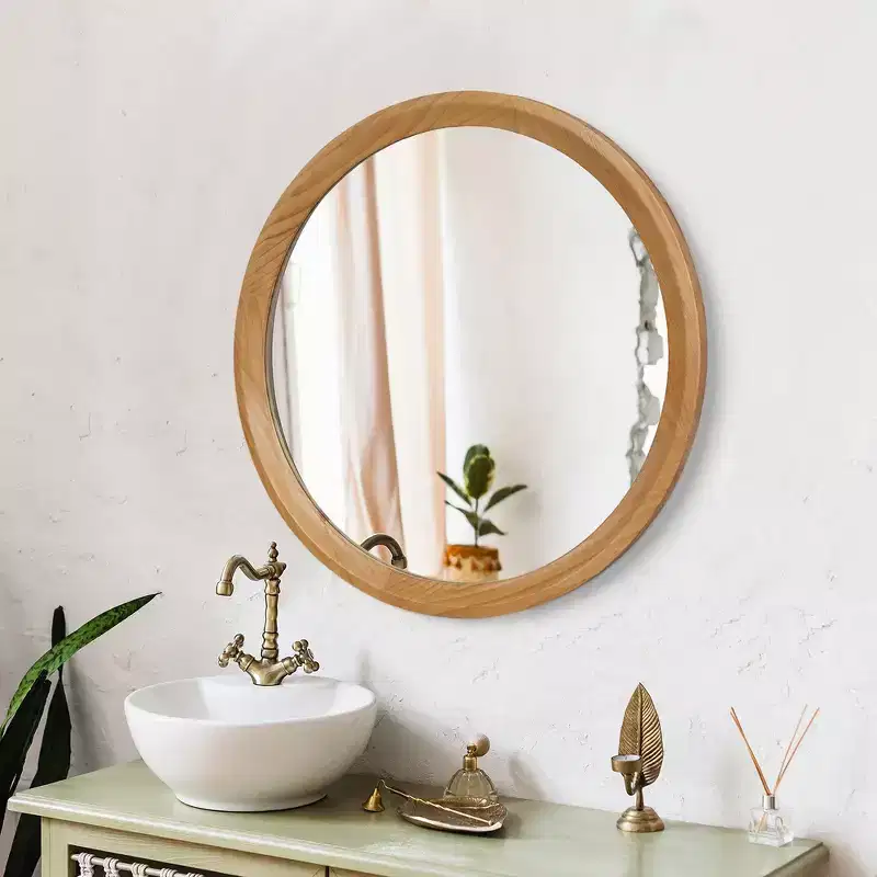 Whisen Round Distressed White Wood Decorative Wall Mirror with Beaded Trim, Shabby Chic Farmhouse Bathroom Vanity Mirror