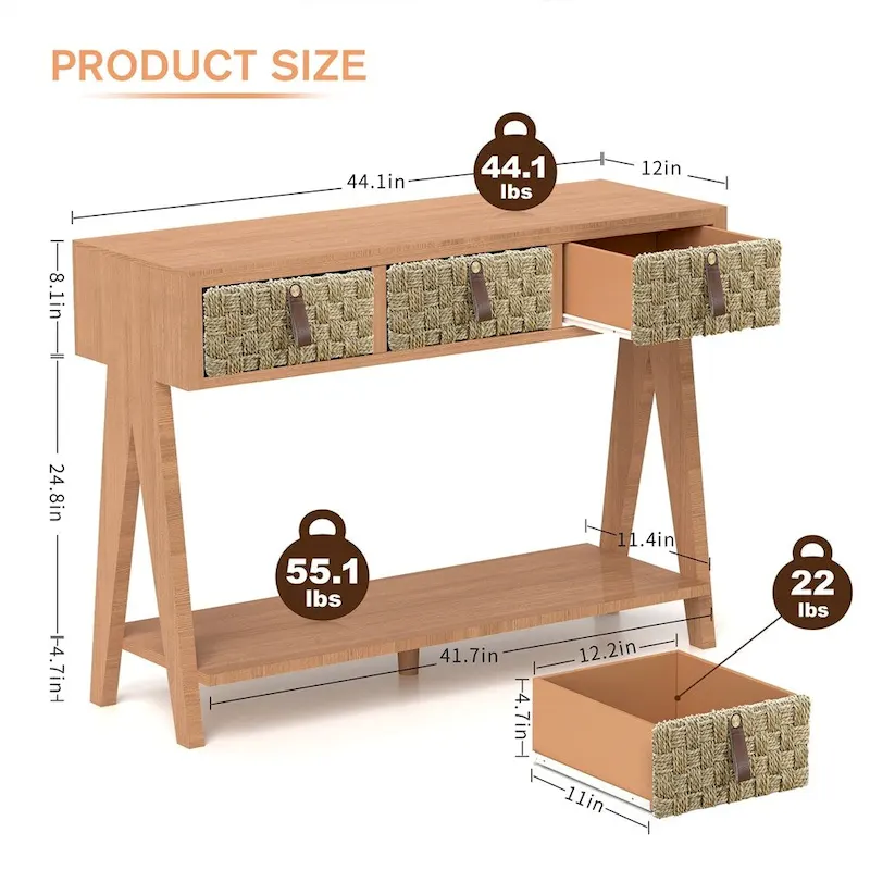Modern Wood Console Table with Storage and Open Storage Shelf