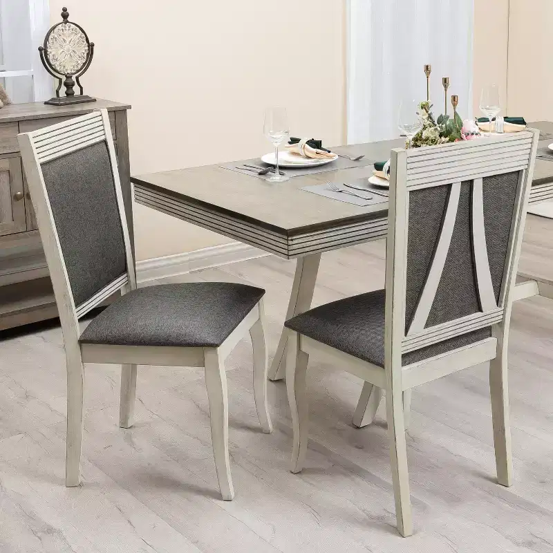 LuxenHome Set of 2 Distressed Off White Rubberwood and Gray Upholstered Dining Chair