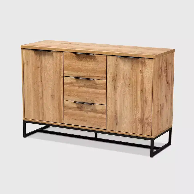 Reid Wood & Metal 3 Drawer Sideboard Buffet Oak/Black - Baxton Studio
