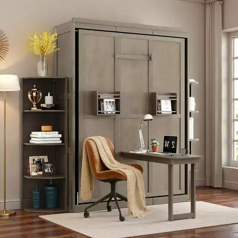 Luxystar Modern Rotatable Murphy Bed With Foldable Desk and Dual 3-Tier Side Shelves, Queen Size