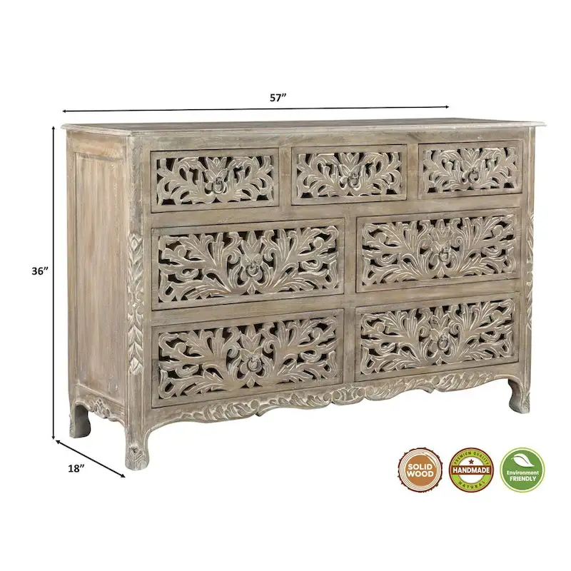 Floral Carved Solid Wood 7-Drawer Dresser