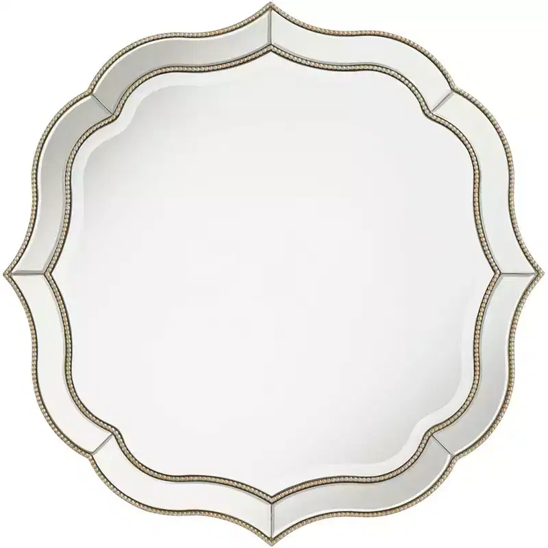 Noble Park Laureen Scalloped Round Vanity Wall Mirror Modern Beveled Glass Champagne Gold Beaded Frame 32 Wide for Bathroom Living Room Home Entryway