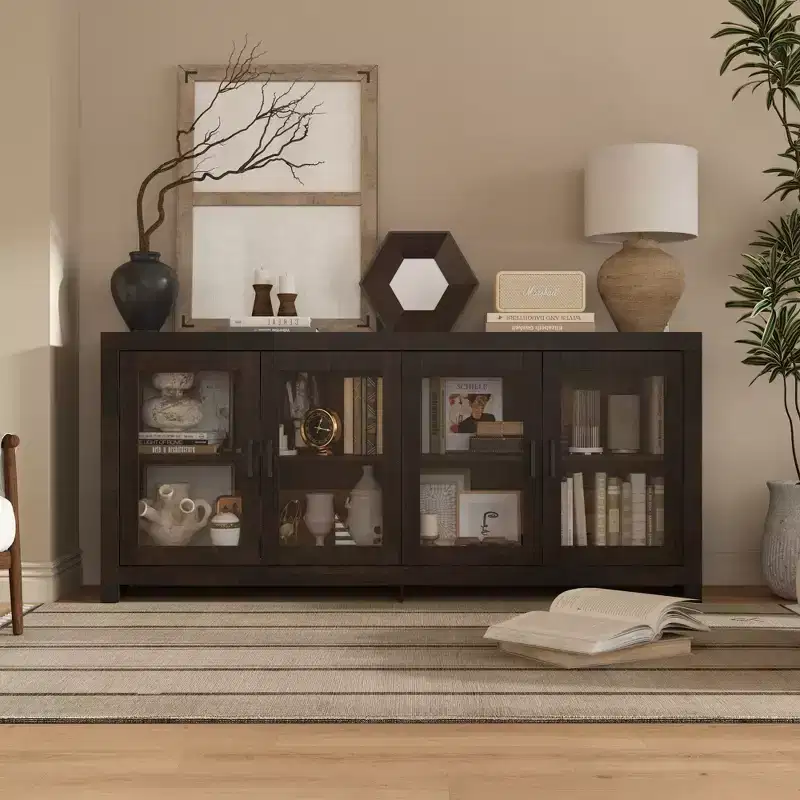 Deep Brown Accent Storage Cabinet with 4 Glass Doors & 2 Shelves, Wood Grain Finish, 70.8in