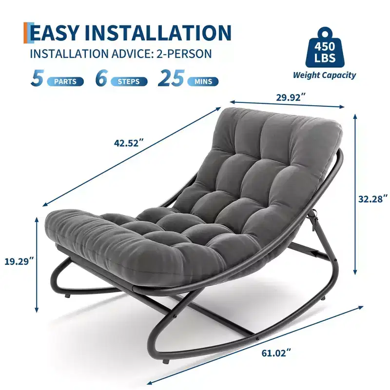 Papasan Rocking Chair, Oversized Rocking Papasan Chair with Thick Cushion, Sturdy Metal Frame, Suitable for Bedroom, Living Room, Garden, Gray