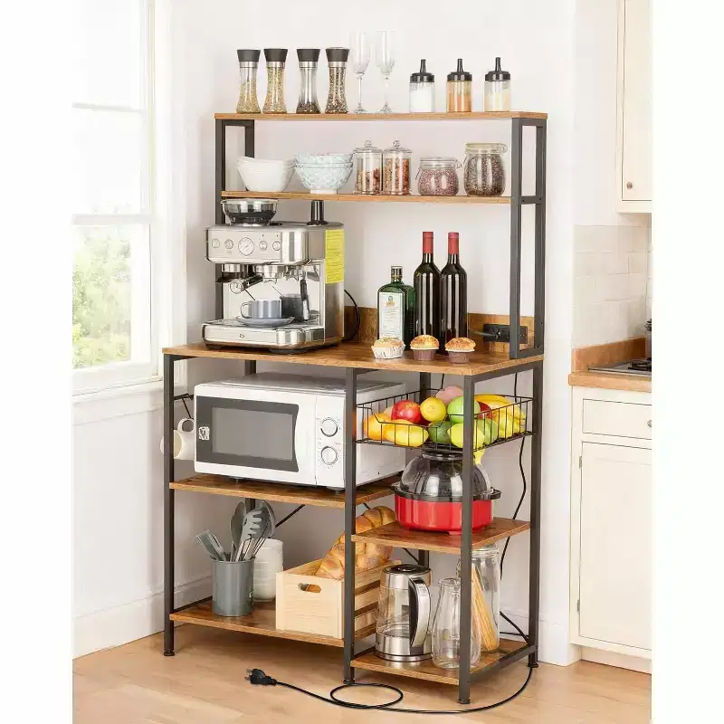 Kitchen Baker's Rack with Power Outlet, 4-Tier Microwave Oven Stand with 6 S-Hooks