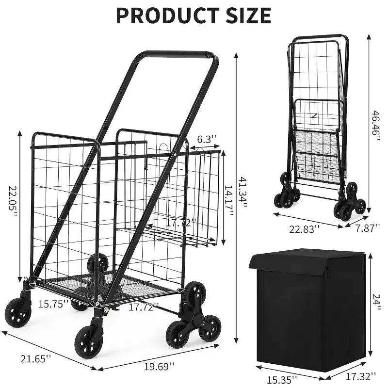 Stair Climbing Shopping Cart with Waterproof Liner, Folding Utility Cart with Rear Tri-Wheels, 360 Degree Swivel Wheels, Portable Collapsible Grocery