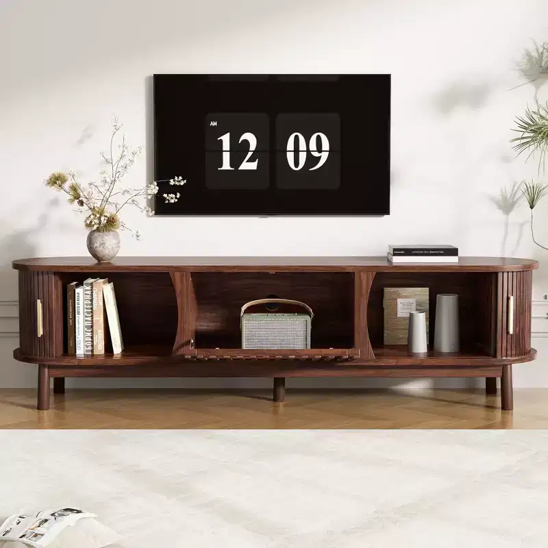 PexFix 66.9 Modern Farmhouse TV Stand for 75 TVs Wood Entertainment Center with Storage Cabinet TV Console Table for Living Room Bedroom Brown