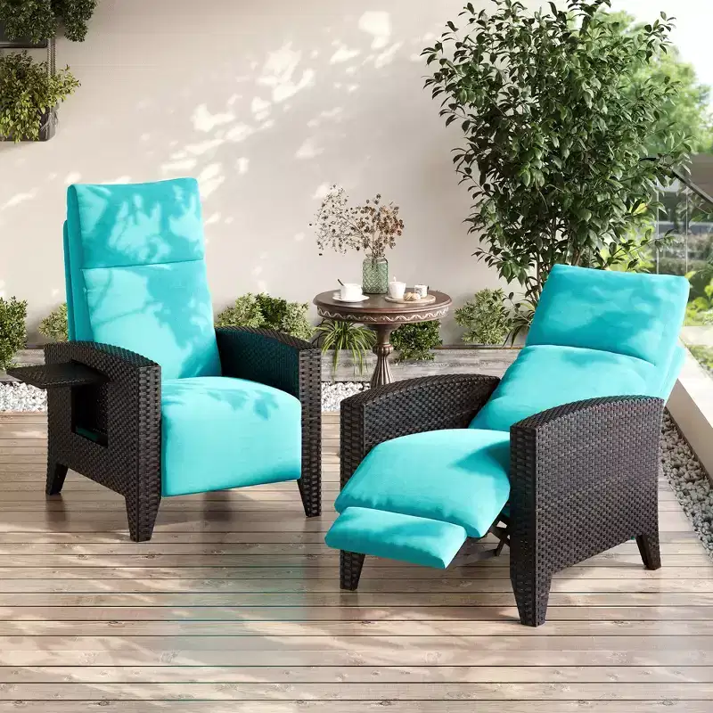 Wicker Recliner Chair with Adjustable Back & Footrest,150 Lay Flat Rattan Reclining Patio Chair with Extendable Side Table & Air Pump