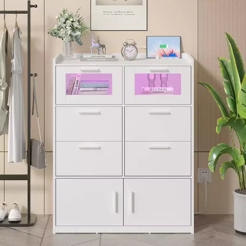 White Tall Dresser Modern Makeup Vanity Table with LED Lights and Charging Station