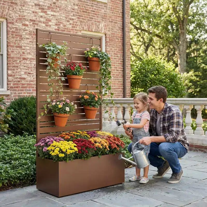 MAYEERTY Brown Wrought Iron Planter with Trellis (Classic Louvered), 59x30x12, 4-Piece Durable Outdoor Planting Solution