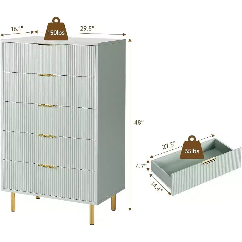 5-Drawer Dresser with Gold Handle – Wood Chest of Drawers for Bedroom & Living Room