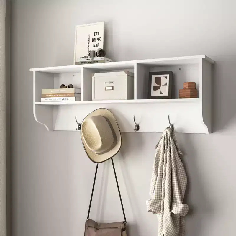 Wall Mounted Coat Rack with 4 Dual Hooks and Wooden Storage Shelf, White Entryway Organizer