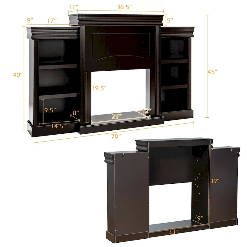 70-Inch Brown Media Entertainment Center with Bookcase and Fireplace Cabinet - 70 x 11x 45(L x W x H)