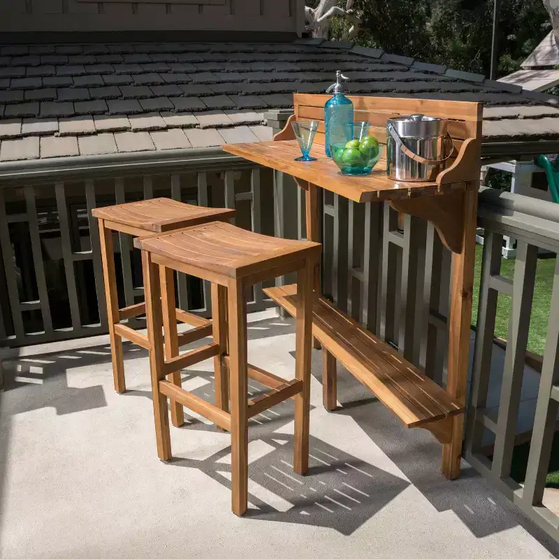 GDFStudio Pranav Modern 3 Piece Acacia Wood Slatted Balcony Bar Set with Bottom Shelf Table and 2 Stools