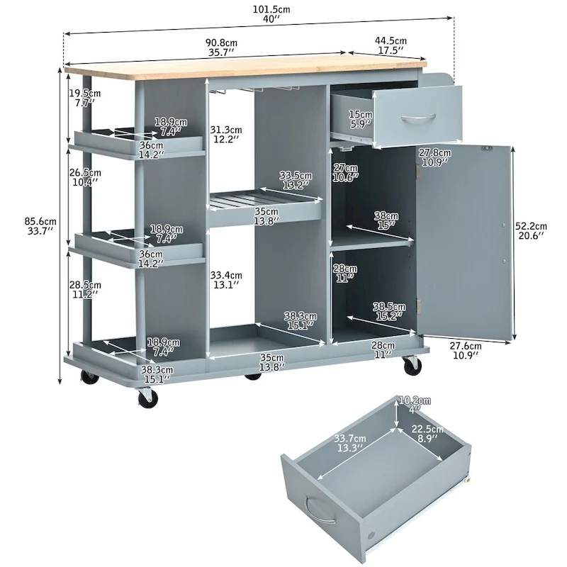 Rubber Wood Kitchen Cart with Adjustable Shelves and Wine Rack