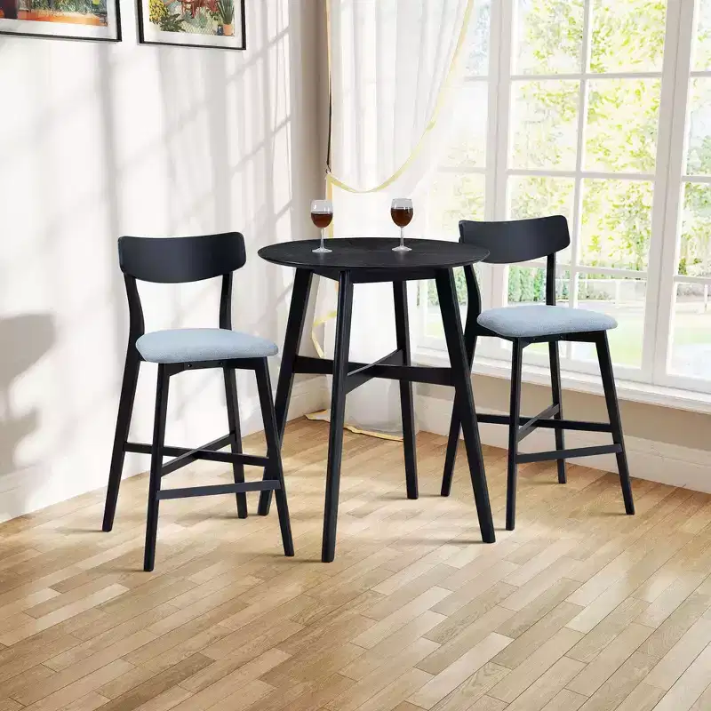 Round Dining Table Kitchen Table Wooden High Top Bar Table for 2-4, Black