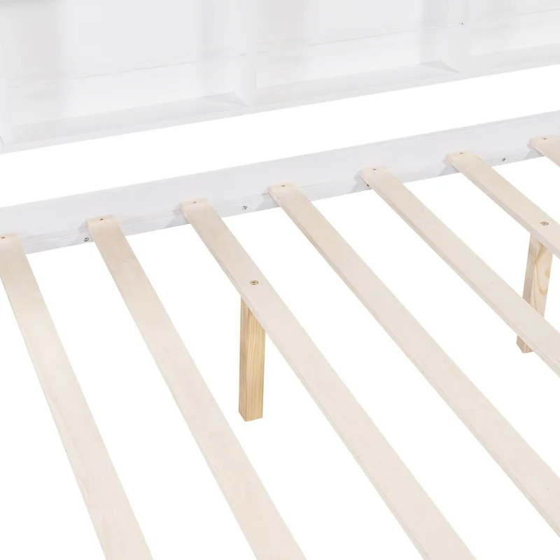 White Full Pine Kids House Platform Bed with Trundle, Shelf, and Roof