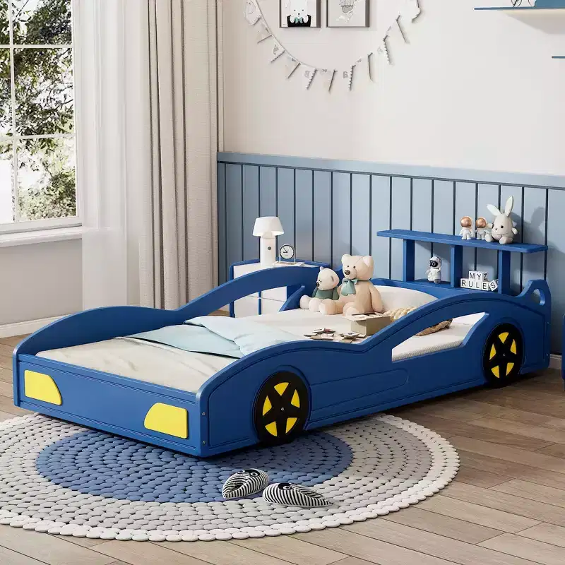 Twin Wooden Race Car Bed & Car-Shaped Platform Bed Frame with Wheels