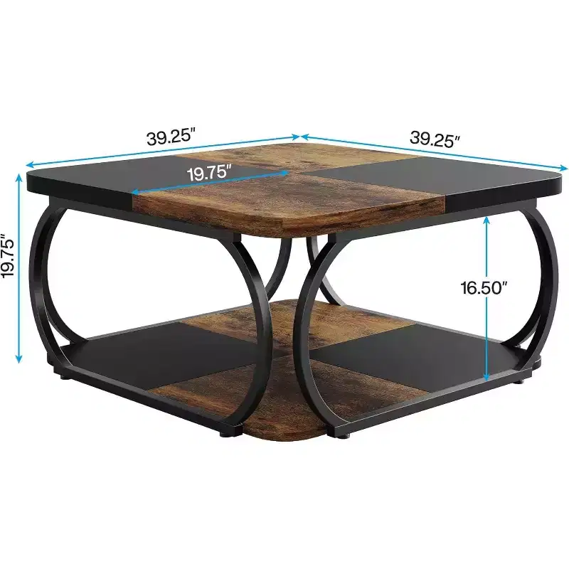 Lantine 40-Inch Square Coffee Table with 2 Tiers, Low Farmhouse Table with Storage Shelf for Living Room, Black Rustic Brown