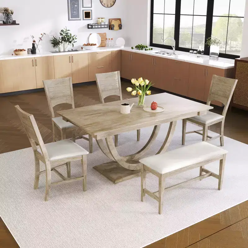 GDFStudio Timo 6 Piece Rubbewood Dinnig Set with Half Round Dining Table, Bench and 4 Chairs