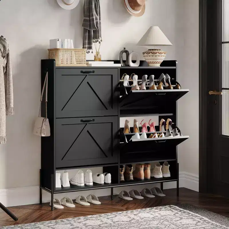 Shoe Cabinet with 4 Flip Drawers,Narrow Shoe Cabinet Storage,Freestanding Shoe Storage Cabinet Organizer,Dry and Wet Separation with Metal Legs