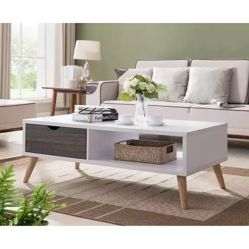 White & Distressed Gray Transitional Coffee Table with Storage