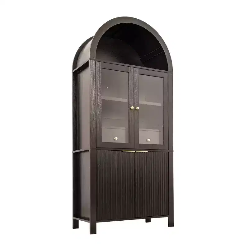 Zeus & Ruta 71 Tall Arched Fluted Kitchen Pantry Cabinet with Glass Door, Adjustable Shelves, Hidden Drawer