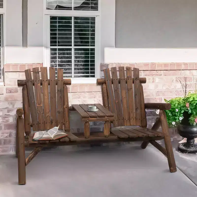 2-Seat Wooden Adirondack Chair, Patio Bench with Table, Outdoor Loveseat Fire Pit Chair for Porch, Deck