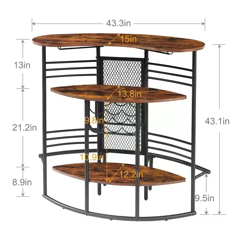 VECELO Oval Industrial Bar Table 3 Tier Bar Height Table with Wine Rack and Glasses Holder Corner Bar Cabinet with Footrest Brown/Gray/Oak