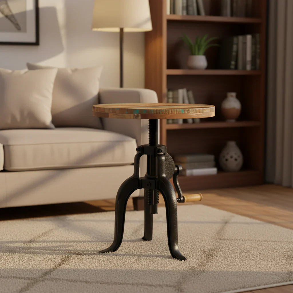 Adjustable Round Side Table – Reclaimed Wood & Cast Iron