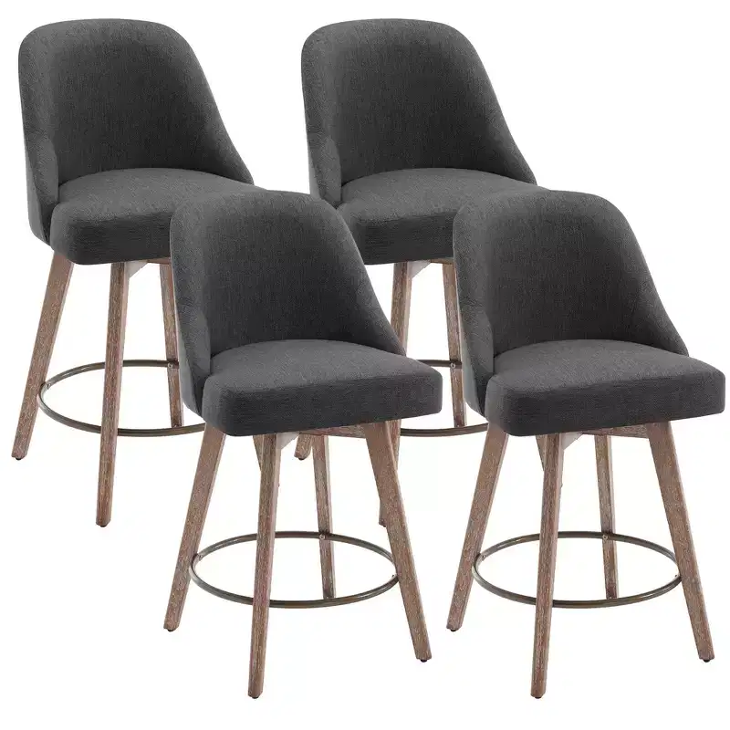 Bekrvio 26'' Counter Height Swivel Bar Stools Set of 4 Backs and Wood Legs,Linen Fabric/PU Leather Upholstered Barstools for Kitchen Island