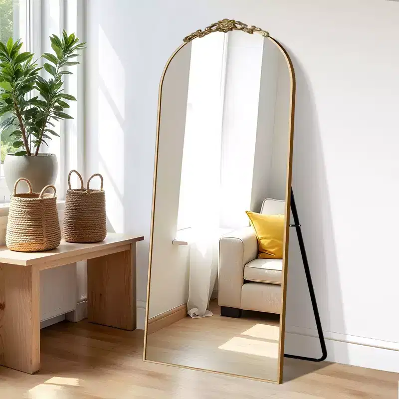 38 in. W. x 71 in. H Full Length Arched Free Standing Body Mirror Metal Framed Wall Mirror Large Floor Mirror in Gold